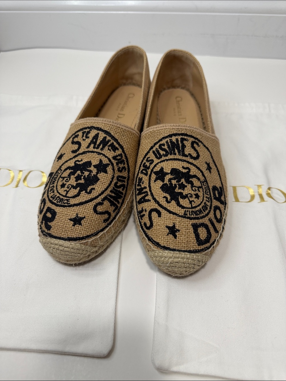 Authentic Dior Beige Canvas Espadrilles with Black Logo Medallion duffle bag